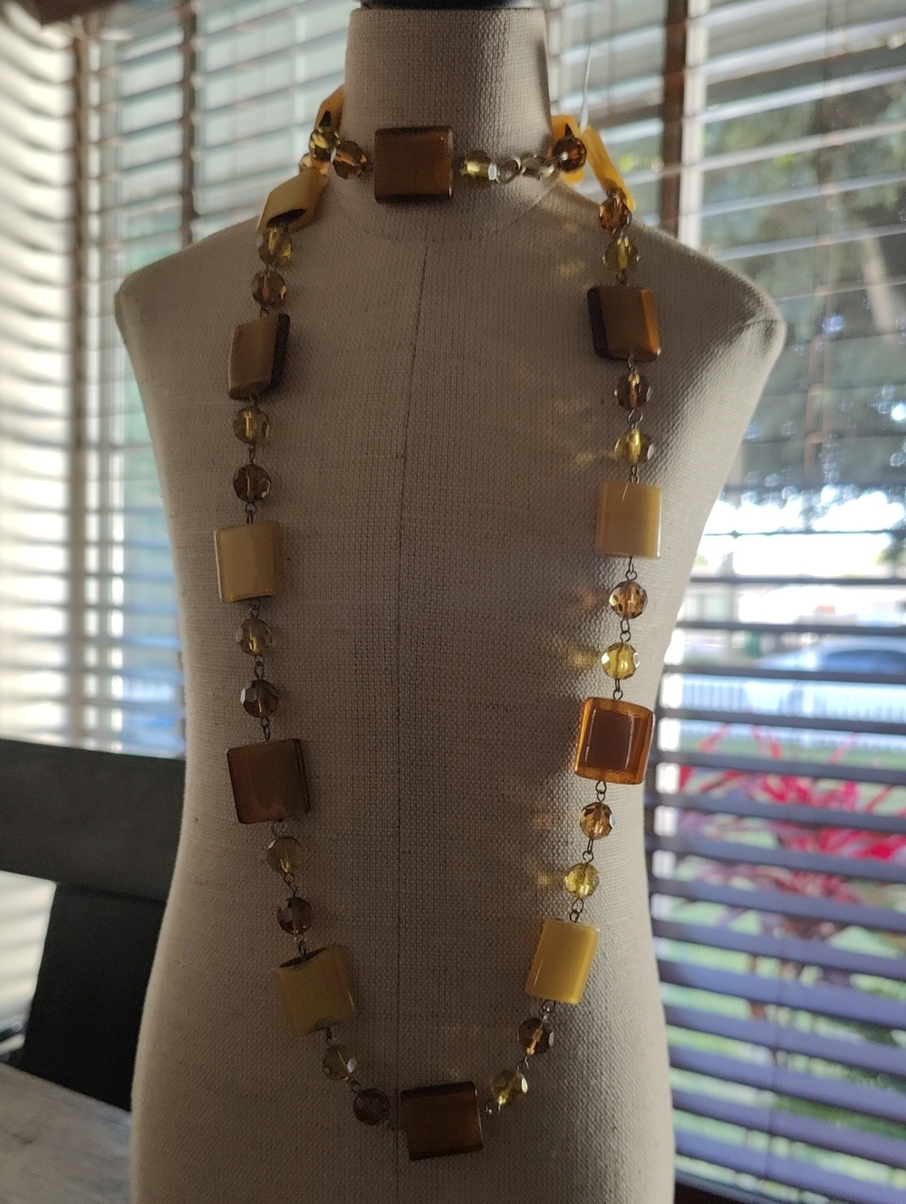 Elegant Long Bead Necklace in Amber and Yellow
